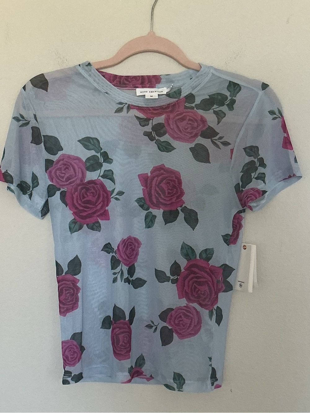 NWT Good American Light Blue Mesh Top with Pink Rose Print M